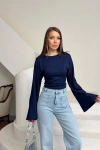 Kadın Lacivert Bisiklet Yaka Uzun İspanyol Kol Yumuşacık Body Bluz