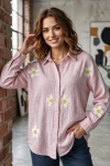 Kadın Pembe Papatya Desenli Müslin Kumaş Uzun Kollu Oversize Gömlek