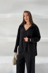 Kadın Siyah Oversize Şık Tensel Kumaş Gömlek Geniş Paça Pantolon Takım Rahat Kesim İkili Premium Takım