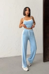 Kadın Açık Mavi Crop Atletli Yüksek Bel Beli Lastikli Geniş Paça Pantolon Alt Üst Yazlık Eşofman Takım