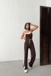Kadın Kahverengi Crop Atletli Yüksek Bel Beli Lastikli Geniş Paça Pantolon Alt Üst Yazlık Eşofman Takım