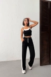 Kadın Siyah Crop Atletli Yüksek Bel Beli Lastikli Geniş Paça Pantolon Alt Üst Yazlık Eşofman Takım