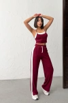 Kadın Bordo Crop Atletli Yüksek Bel Beli Lastikli Geniş Paça Pantolon Alt Üst Yazlık Eşofman Takım