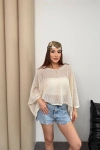 Kadın Bej Kayık Madonna Yaka Panço Görünümlü Şık Oversize Yazlık Mevsimlik File Bluz
