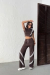 Kadın Kahverengi Şerit Detaylı Crop Bluz Yüksek Bel Bol Paça Pantolon Alt Üst İkili Takım