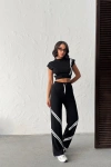 Kadın Siyah Şerit Detaylı Crop Bluz Yüksek Bel Bol Paça Pantolon Alt Üst İkili Takım