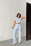 Kadın Yaz Mavisi Şerit Detaylı Crop Bluz Yüksek Bel Bol Paça Pantolon Alt Üst İkili Takım