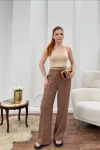 Kadın Kahverengi Yüksek Bel Beli Lastikli Geniş Paça Rahat Kesim Yazlık Sofya Keten Palazzo Pantolon
