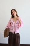 Kadın Pembe Etnik Nakış İşlemeli Cep Detaylı Düğmeli Yazlık Bohem Müslin Gömlek Kimono