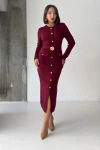 Kadın Bordo Şık Düğme Ve Kemer Detaylı Slim Midi Triko Elbise (S/M Beden)