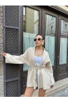 Kadın Bej Kemerli Triko Kimono Hırka