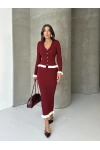 Kadın Bordo Fitilli Fırfır Detaylı Etek Bluz Zarif Triko Takım (S Beden)