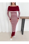 Kadın Bordo Madonna Kayık Yaka Esnek Midi Boy Triko Elbise