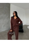 Kadın Kahverengi Rahat Kesim Fermuarlı Oversize Alt Üst ikili Triko Takım