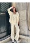 Kadın Krem Crop Bluz Hırka Pantolon 3’lü Kışlık Triko Takım