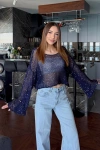Kadın Lacivert Pul İşlemeli Yarasa Kol Salaş Crop Bluz