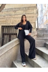 Kadın Siyah Crop Bluz Hırka Pantolon 3’lü Kışlık Triko Takım