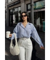 Kadın Premium Kalite Çizgili Uzun Kol Oversize Gömlek - Mavi