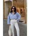 Kadın Premium Kalite Çizgili Uzun Kol Oversize Gömlek - Mavi
