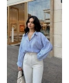 Kadın Premium Kalite Çizgili Uzun Kol Oversize Gömlek - Mavi