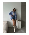Kadın Premium Kalite Çizgili Uzun Kol Oversize Gömlek - Mavi