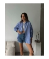 Kadın Premium Kalite Çizgili Uzun Kol Oversize Gömlek - Mavi