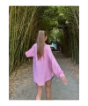 Kadın Pembe Premium Kalite Çizgili Oversize Tiril Gömlek