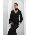 Kadın Düğmeli Uzun Kol V Yaka Midi Boy Elbise - Siyah