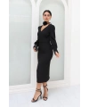 Kadın Düğmeli Uzun Kol V Yaka Midi Boy Elbise - Siyah