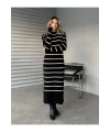 Kadın Çizgili Uzun Kol Triko Elbise - Siyah