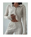 Kadın Kapşonlu Fermuarlı Crop Hırka Pantolon Alt Üst Triko Takım - Taş S/m
