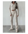 Kadın Kapşonlu Fermuarlı Crop Hırka Pantolon Alt Üst Triko Takım - Taş S/m