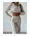 Kadın Kapşonlu Fermuarlı Crop Hırka Pantolon Alt Üst Triko Takım - Taş S/m