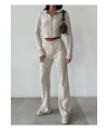 Kadın Kapşonlu Fermuarlı Crop Hırka Pantolon Alt Üst Triko Takım - Taş S/m