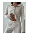 Kadın Kapşonlu Fermuarlı Crop Hırka Pantolon Alt Üst Triko Takım - Taş S/m