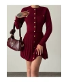 Kadın Bordo Düğme Detaylı Hırka Etek Ikili Triko Takım S/m