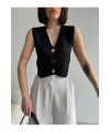 Kadın Siyah V Yaka Şık Düğme Detaylı Yazlık Kumaş Triko Yelek