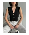 Kadın Siyah V Yaka Şık Düğme Detaylı Yazlık Kumaş Triko Yelek