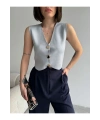Kadın Gri V Yaka Şık Düğme Detaylı Yazlık Kumaş Triko Yelek