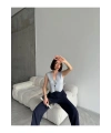 Kadın Gri V Yaka Şık Düğme Detaylı Yazlık Kumaş Triko Yelek