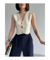 Kadın Kerem V Yaka Şık Düğme Detaylı Yazlık Kumaş Triko Yelek