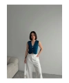 Kadın Lacivert V Yaka Şık Düğme Detaylı Yazlık Kumaş Triko Yelek