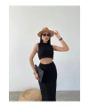 Kadın Siyah Bluz Etekli İkili Yazlık Triko Takım