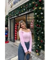Kadın Pembe Kayık Yaka Triko Yumoş Kazak