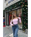 Kadın Pembe Kayık Yaka Triko Yumoş Kazak