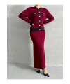 Kadın Bordo Şık Cep Detaylı Hırka Etek Alt Üst İkili Triko Takım