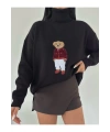 Kadın Siyah Oversize Ayıcıklı Oversize Balıkçı Yaka Triko Kazak