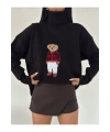 Kadın Siyah Oversize Ayıcıklı Oversize Balıkçı Yaka Triko Kazak