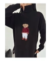 Kadın Siyah Oversize Ayıcıklı Oversize Balıkçı Yaka Triko Kazak