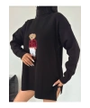 Kadın Siyah Oversize Ayıcıklı Oversize Balıkçı Yaka Triko Kazak